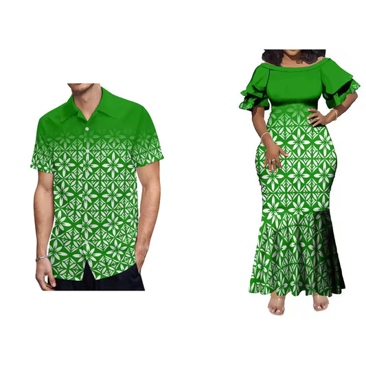Green Polynesian Tribal Pattern Matching Outfit For Couple Women'S Short-Sleeved Mermaid Dress Party Men's Hawaiian Shirt Couple Set