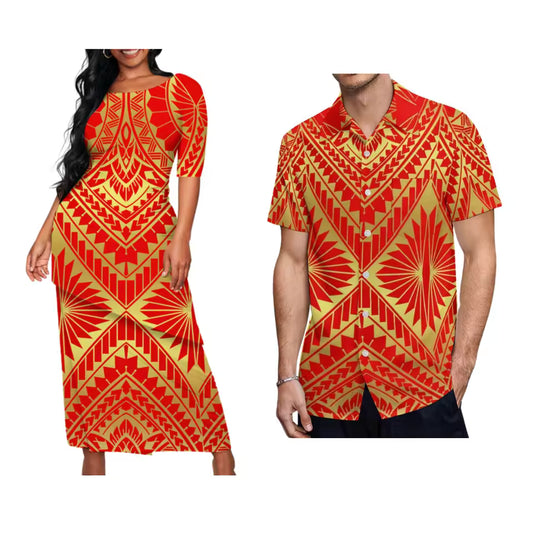 Samoan Polynesian Tribal Flowers Pattern Orange Matching Outfit For Couple Traditional Puletasi Dress And Hawaiian Shirts Party Couple Set For Her Him