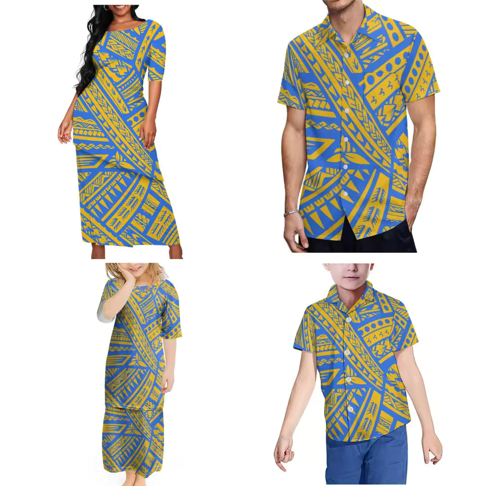 Polynesian Tribal Family Matching Outfit Clothing Polynesian Patterned Tribe Women Girls Puletasi Dress Suit Skirt Men Boys Shirt