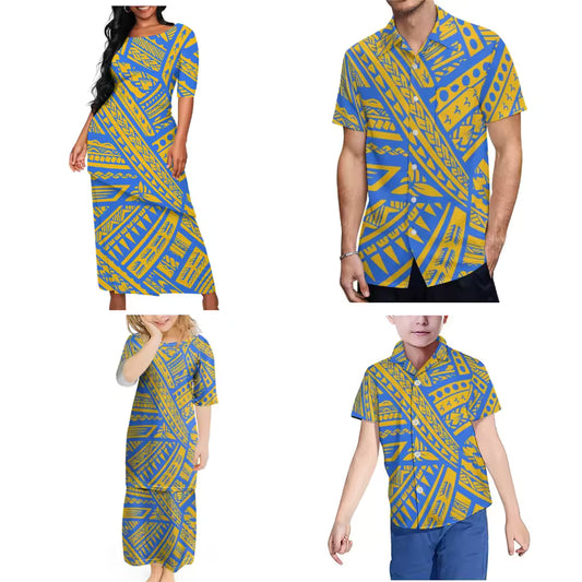 Polynesian Tribal Family Matching Outfit Clothing Polynesian Patterned Tribe Women Girls Puletasi Dress Suit Skirt Men Boys Shirt