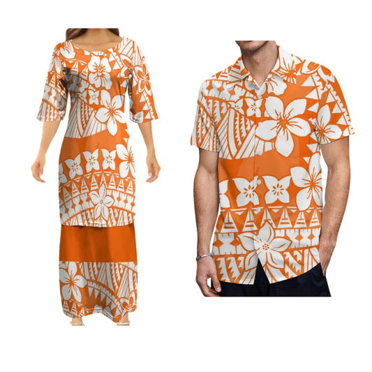 Orange Flowers Polynesian Tribal Pattern Outfit For Couple Polynesian Puletasi Dress And Hawaiian Shirts Set For Her Him