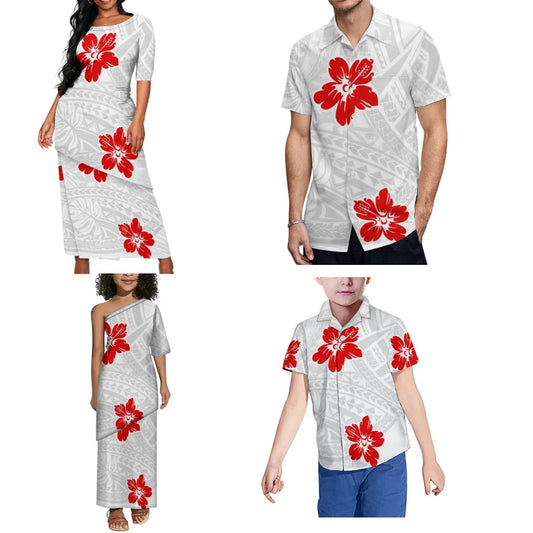 Red Flower Pattern Polynesian Matching Outfit For Family White Puletasi Dress Set Long Dress And Shirt For Her Him