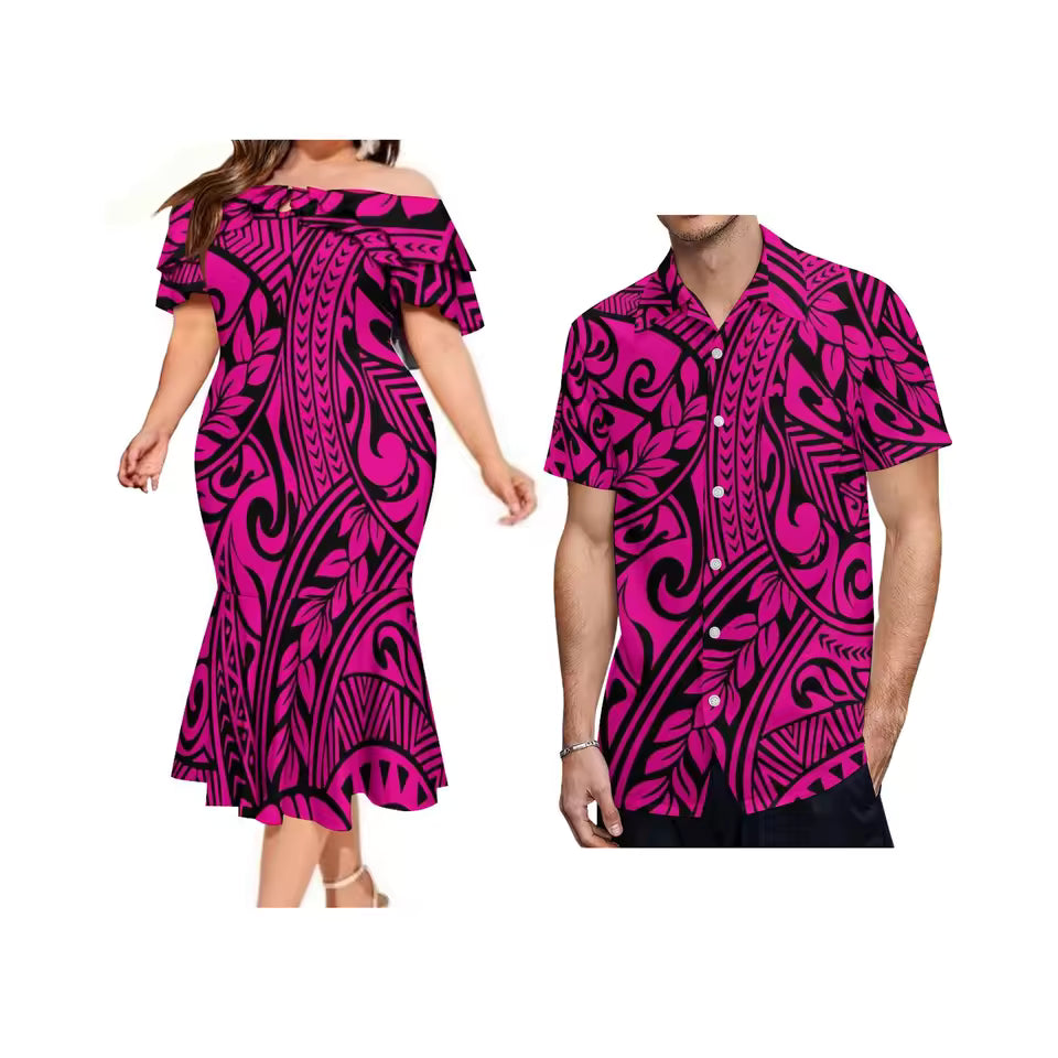 Polynesian Tribal Pattern Matching Outfit For Couple Pink Printed Ruffled Fishtail Dress And Hawaiian Shirt Set