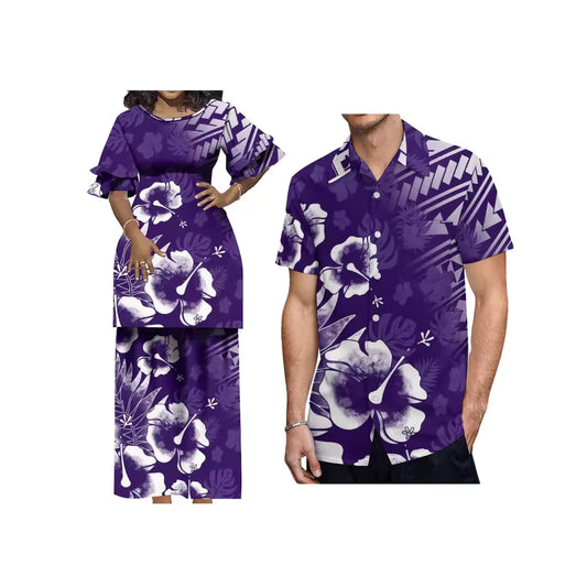 Polynesian Tribal Pattern Samoa Matching Outfit For Couple Puletasi Double layer Horn Sleeve Dress Couple Set
