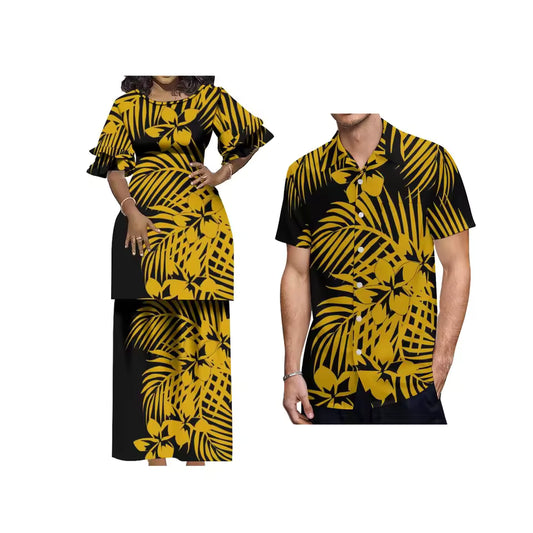 Polynesian Tribal Leaf Pattern Yellow Couple Matching Outfit Crewneck Casual Island Puletasi Double layer Horn Sleeve Dress and Hawaii Shirt