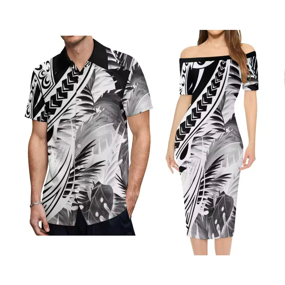 Polynesian Pattern Black Outfit For Couple Off Shoulder Lady Short Sleeve Dress And Men's Hawaiian Shirt