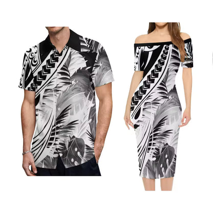 Polynesian Pattern Black Outfit For Couple Off Shoulder Lady Short Sleeve Dress And Men's Hawaiian Shirt