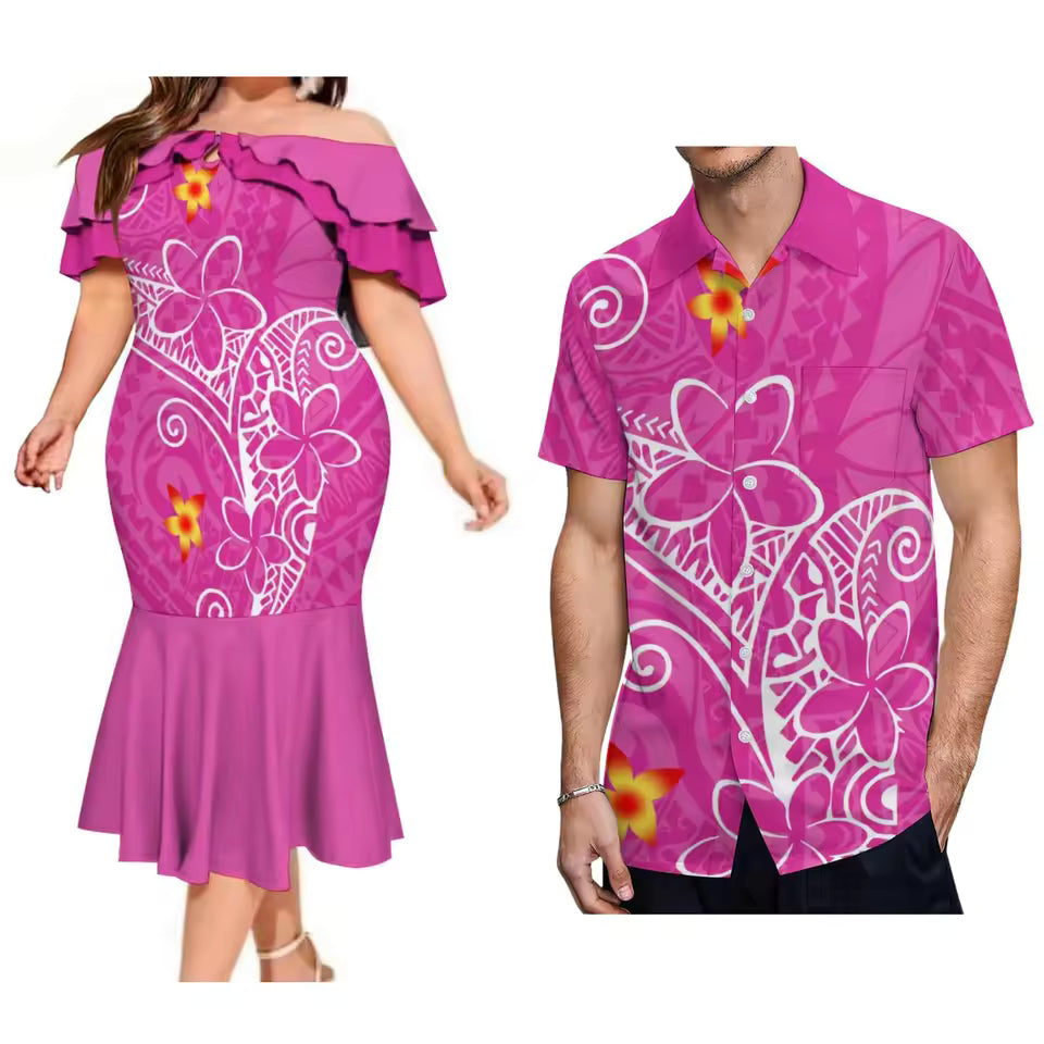 Polynesian Summer Matching Outfit For Couple Polynesian Flowers Tropical Pattern Printed Pink Ruffled Fishtail Dress And Hawaiian Shirt Matching Set