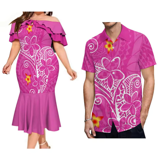 Polynesian Summer Matching Outfit For Couple Polynesian Flowers Tropical Pattern Printed Pink Ruffled Fishtail Dress And Hawaiian Shirt Matching Set