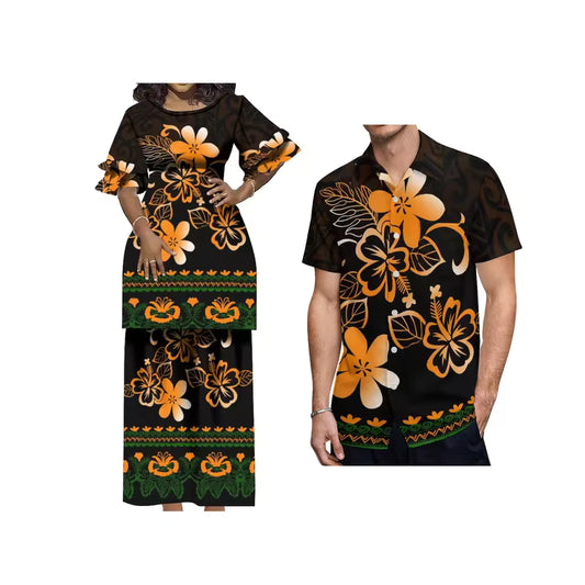 Polynesian Floral Pattern Black Printed Couple Matching Outfit Crewneck Casual Island Puletasi Double layer Horn Sleeve Dress and Hawaii Shirt