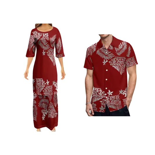 Red Flowers Polynesian Tribal Pattern Couple Matching Outfit Shirts for Men Puletasi Traditional Dress Couple Set