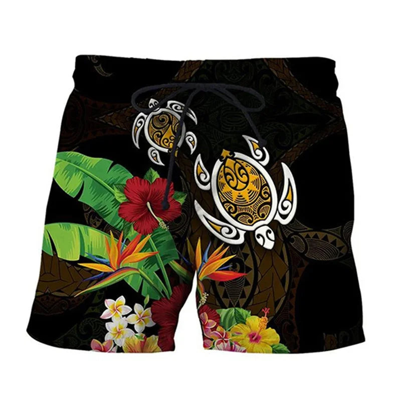 Sea Turtle Short Pants For Men Floral Leaf Plant Pattern American Samoa Plumeria Flowers Men Short