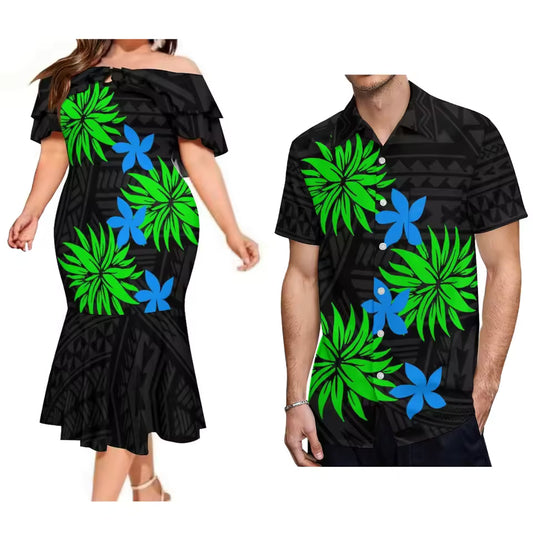 Polynesian Summer Matching Outfit For Couple Polynesian Tropical Printed Black Ruffled Fishtail Dress And Hawaiian Shirt Matching Set