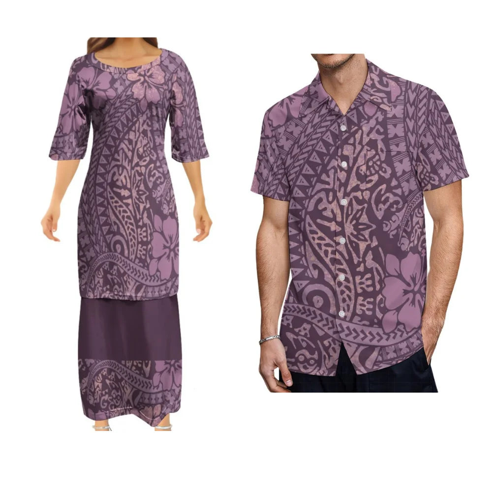 Purple Polynesian Tribal Pattern Matching Outfit For Couple Polynesian Puletasi Dress And Hawaiian Shirts Couple Set For Her Him