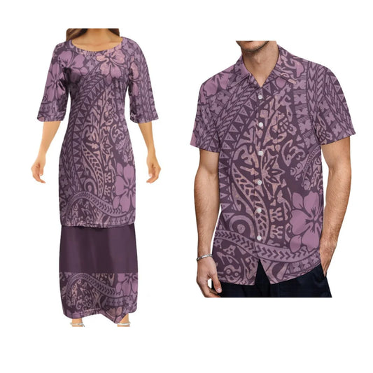 Purple Polynesian Tribal Pattern Matching Outfit For Couple Polynesian Puletasi Dress And Hawaiian Shirts Couple Set For Her Him