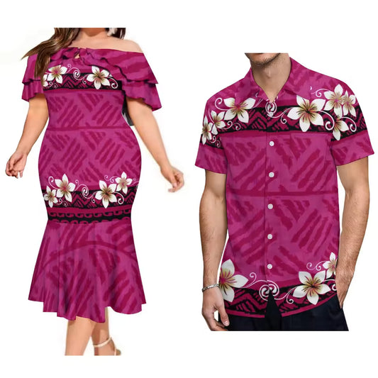 Flowers Polynesian Summer Matching Outfit For Couple Polynesian Tropical Pattern Printed Ruffled Fishtail Dress And Hawaiian Shirt Matching Set