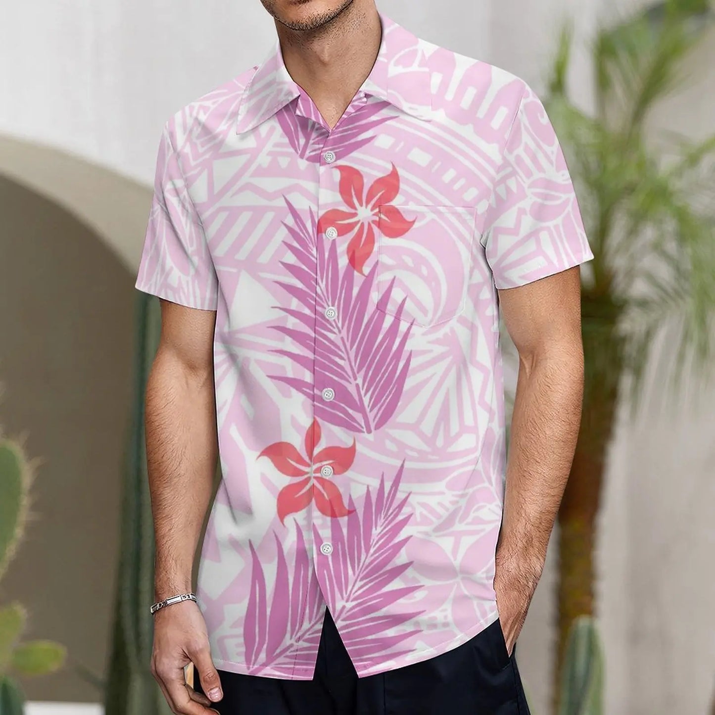 Polynesian Pink Plumeria Matching Outfit For Couple Samoan Women'S Short-Sleeved Dress Party Men's Aloha Shirt
