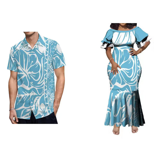 Polynesian Tribal Floral Pattern Printed Couple Set For Her Him Island Matching Outfit Short Sleeve Mermaid Long Dress And Hawaiian Shirt