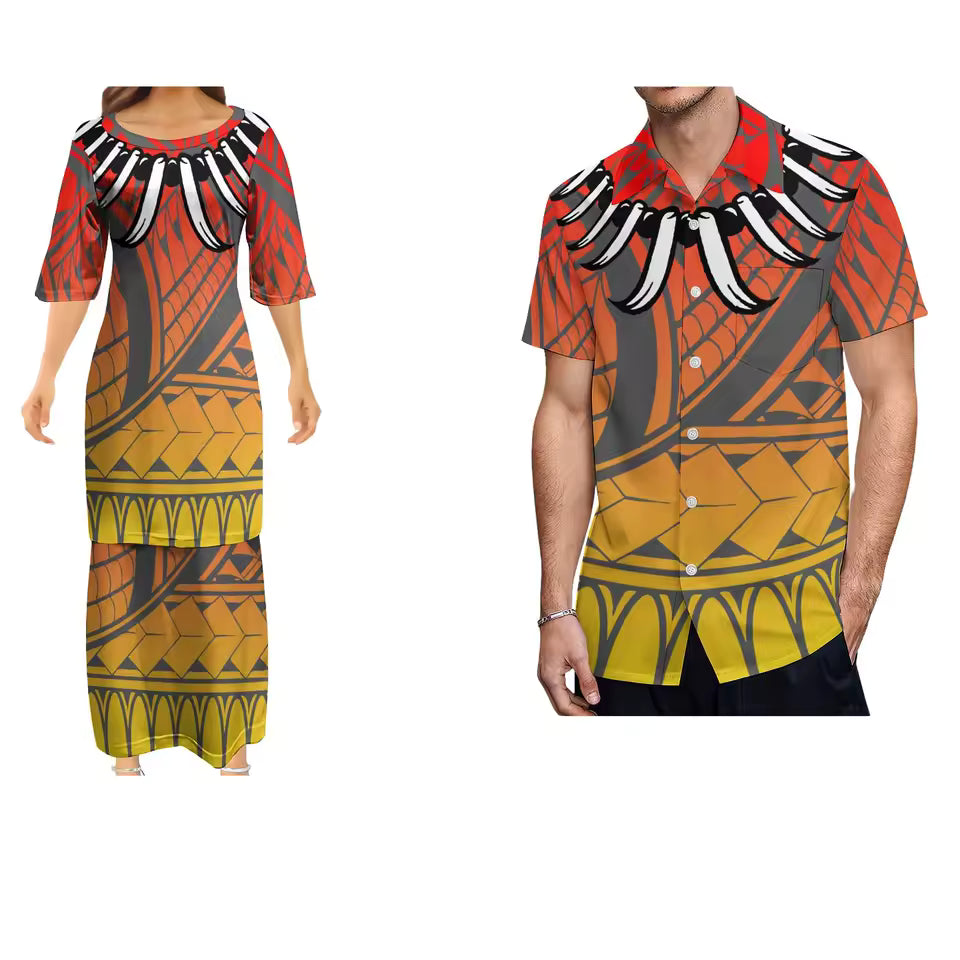 Polynesian Pattern Matching Outfit for Couple Women's Dress Men's Shirt Couple Suit Samoan Necklace Polynesian Couple Set