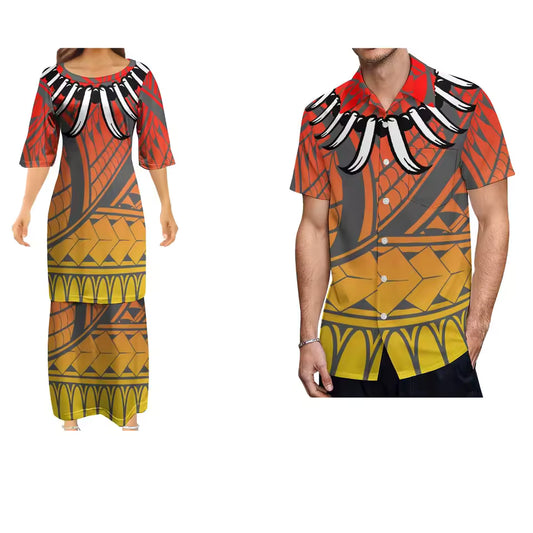 Polynesian Pattern Matching Outfit for Couple Women's Dress Men's Shirt Couple Suit Samoan Necklace Polynesian Couple Set