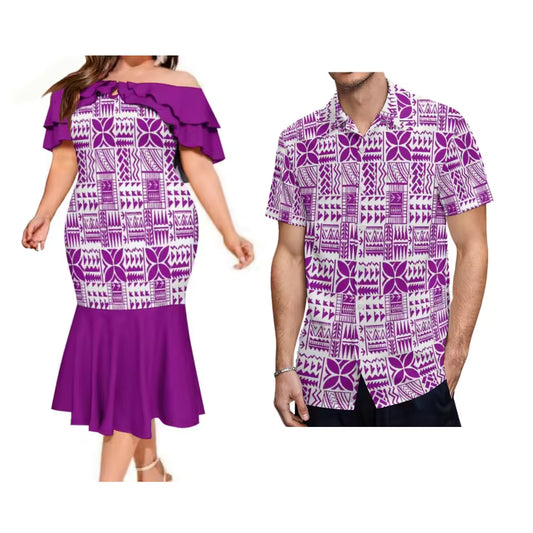 Purple Polynesian Tribal Pattern Couple Set Printed Summer Polynesian Ruffled Fishtail Dress And Hawaiian Shirt Matching Ourfit For Couple