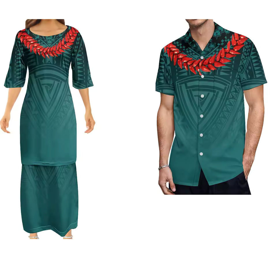 Polynesian Pattern Printed Matching Outfit for Couple Women's Dress Men's Shirt Couple Suit Samoan Necklace Polynesian Couple Set