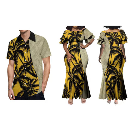 Polynesian Traditional Printed Island Coconut Tree Fishtail Dress And Hawaiian Shirt Matching Outfit For Couple Set