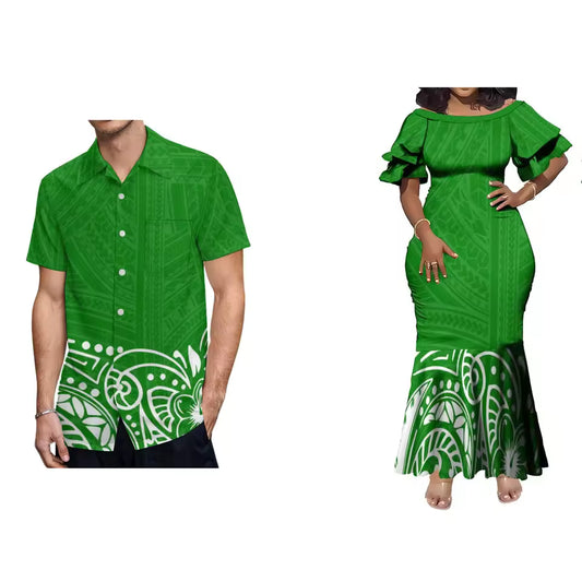 Polynesian Tribal Pattern Printed Green Couple Set For Her Him Island Matching Outfit Short Sleeve Mermaid Long Dress And Hawaiian Shirt