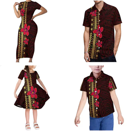 Polynesian Tribal And Hibiscus Pattern Matching Family Outfits Body Long Dress For Her And Shirt For Him