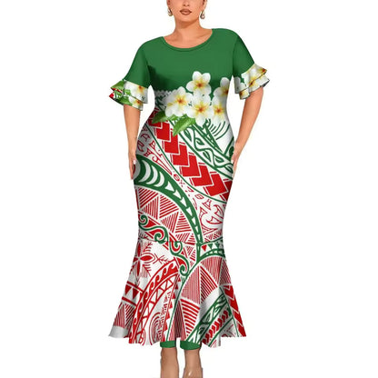 Polynesian Plumeria Flower Green Matching Outfit For Couple Polynesian Short Sleeve Mermaid Long Dress And Hawaiian Shirt