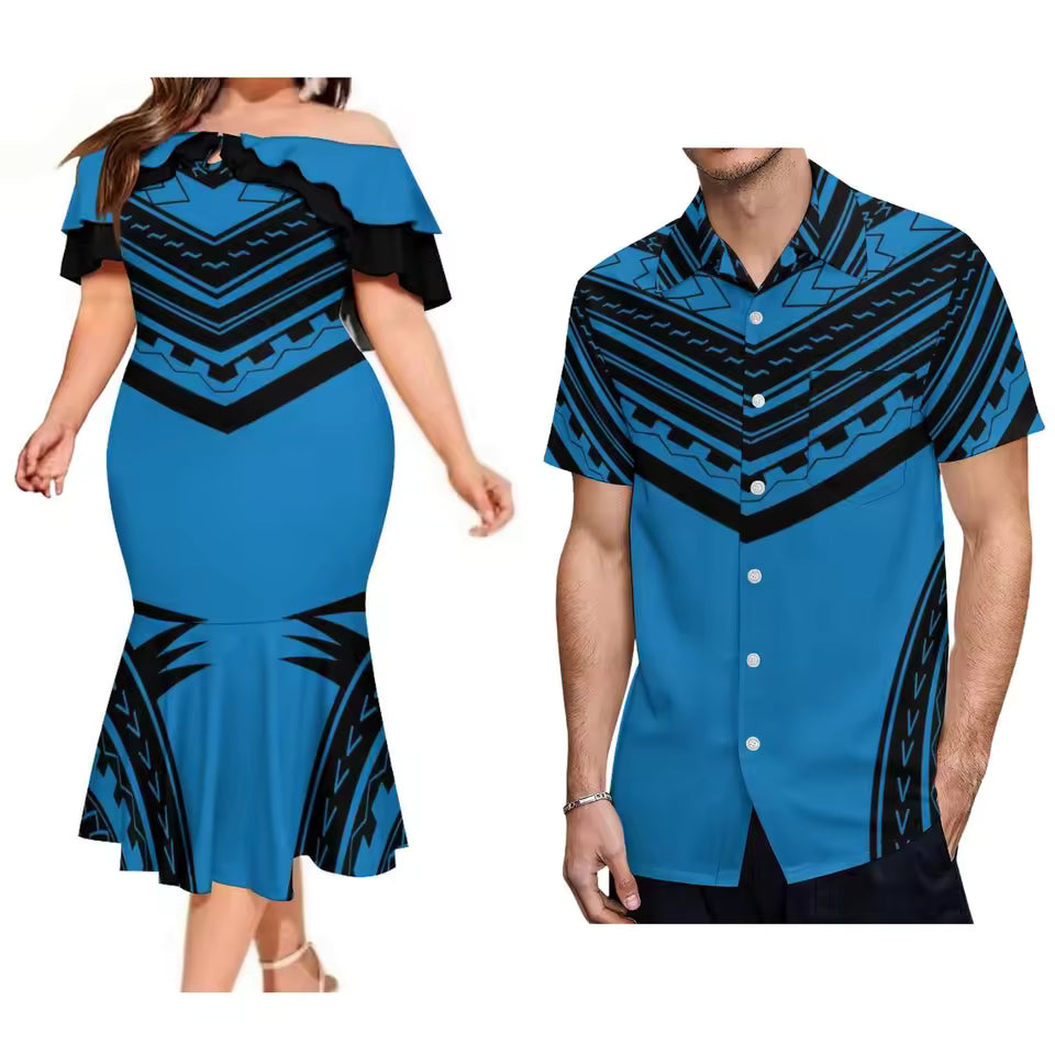 Blue Polynesian Summer Matching Outfit For Couple Polynesian Tropical Pattern Printed Blue Ruffled Fishtail Dress And Hawaiian Shirt Matching Set