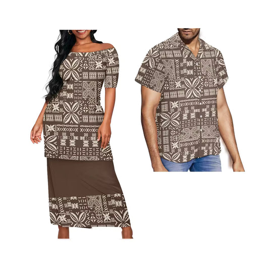 Samoa Couple Set Polynesian Tribal Pattern Matching Outfit For Couple Puletasi Dress And Hawaiian Shirt