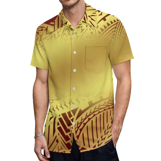 Yellow Polynesian Tribe Pattern Print Women'S Clothing Samoa Puletasi And Hawaiian Shirt Couple Set