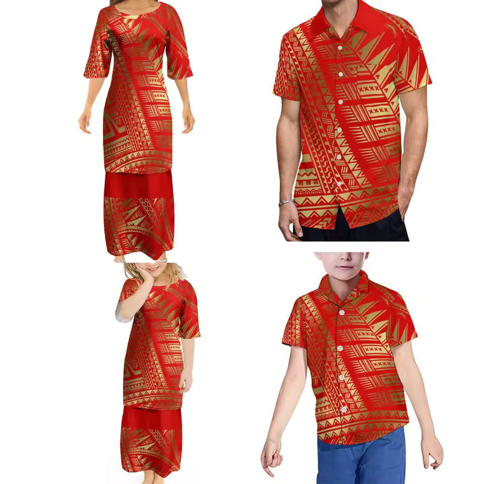 Red Polynesian Retro Tribal Print Ethnic Women's Puletasi Men'S Shirt Adult Children Samoan Matching Outfit For Family Clothing