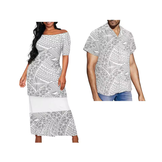 Samoa Couple Set White Polynesian Tribal Pattern Grey Matching Outfit For Couple Puletasi Dress And Hawaiian Shirt