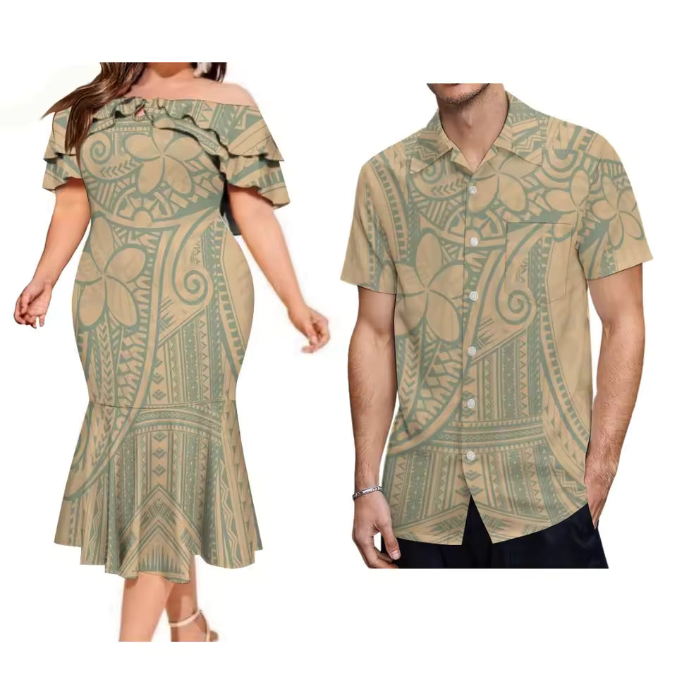 Polynesian Tropical Flowers Pattern Couple Set Printed Ruffled Fishtail Dress And Hawaiian Shirt Matching Ourfit For Couple