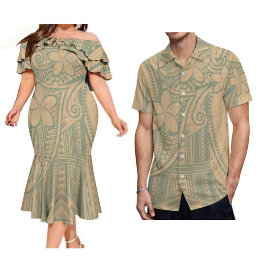 Polynesian Tropical Flowers Pattern Couple Set Printed Ruffled Fishtail Dress And Hawaiian Shirt Matching Ourfit For Couple