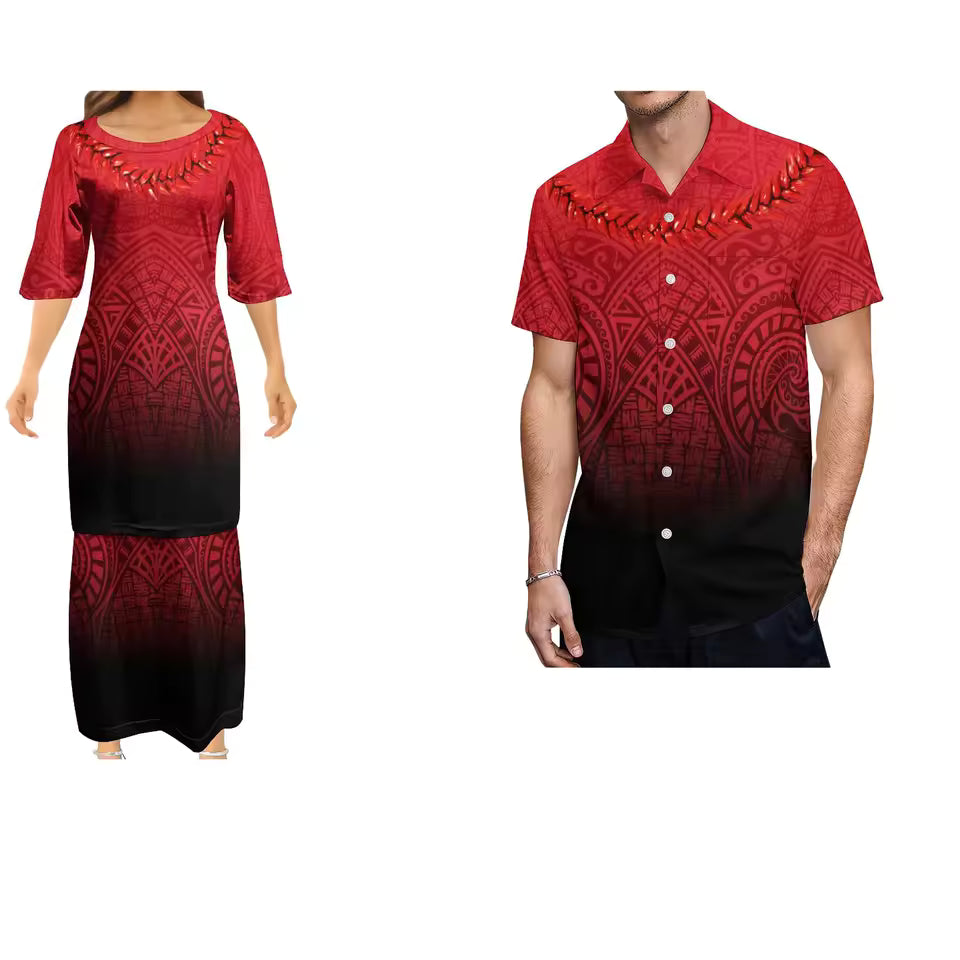 Polynesian Red Matching Outfit For Couple Women's Dress Polynesian Vintage Grain Ula Nifo Print Samoan Necklace Party Evening Couple Shirt Set
