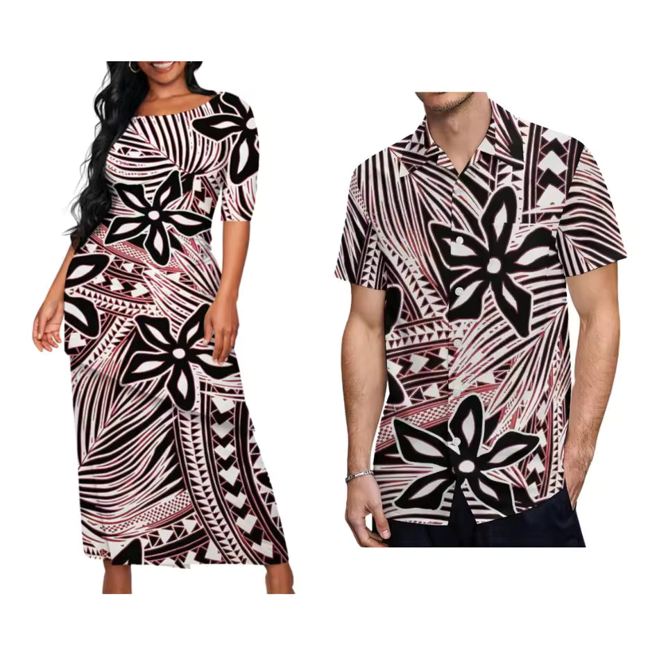 Samoan Polynesian Tribal Flowers Pattern Matching Outfit For Couple Traditional Puletasi Dress And Hawaiian Shirts Party Couple Set For Her Him