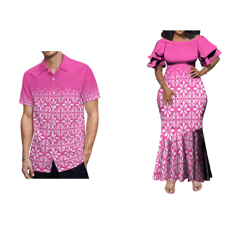Pink Polynesian Tribal Pattern Matching Outfit For Couple Women'S Short-Sleeved Mermaid Dress Party Men's Hawaiian Shirt Couple Set