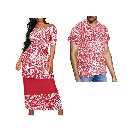 Samoa Couple Set Polynesian Tribal Pattern Printed Red Matching Outfit For Couple Traditional Puletasi Dress And Shirt