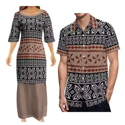 Polynesian Tribal Pattern Dress Samoan Puletasi Dress Two-Piece Suit With Men's Shirt Couple Suit