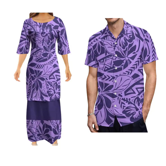 Flowers Polynesian Tribal Pattern Matching Outfit For Couple Polynesian Puletasi Dress And Hawaiian Shirts Couple Set For Her Him