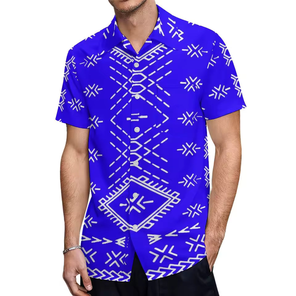 Samoan Blue Puletasi Polynesian Tattoo Pattern Matching Outfit For Couple Women Dresses lady Design Dress Matching Men's Short-Sleeved Shirts Couple Suit