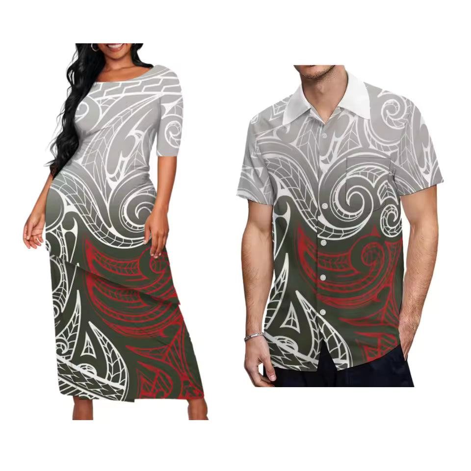 Samoan Polynesian Tribal Pattern Matching Outfit For Couple Traditional Puletasi Dress And Hawaiian Shirts Party Couple Set For Her Him