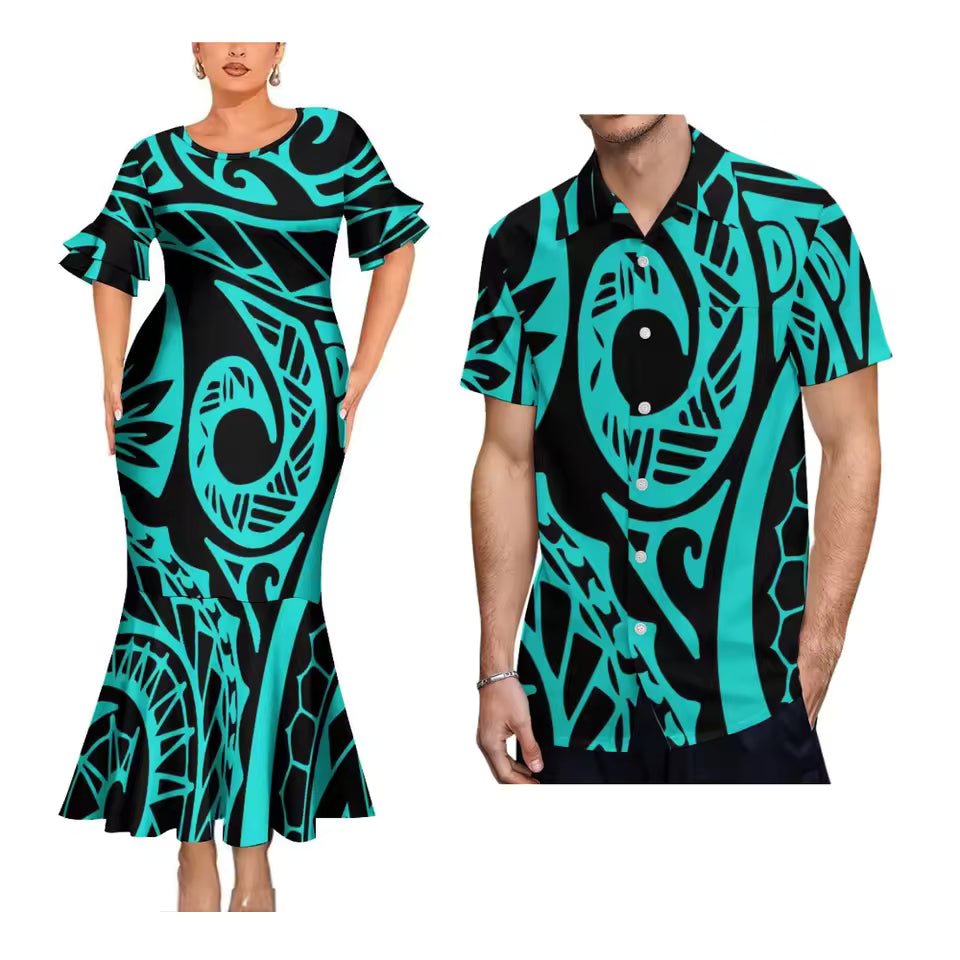 Polynesian Tribal Pattern Matching Outfit For Couple Polynesian Short Sleeve Mermaid Long Dress And Hawaiian Shirt
