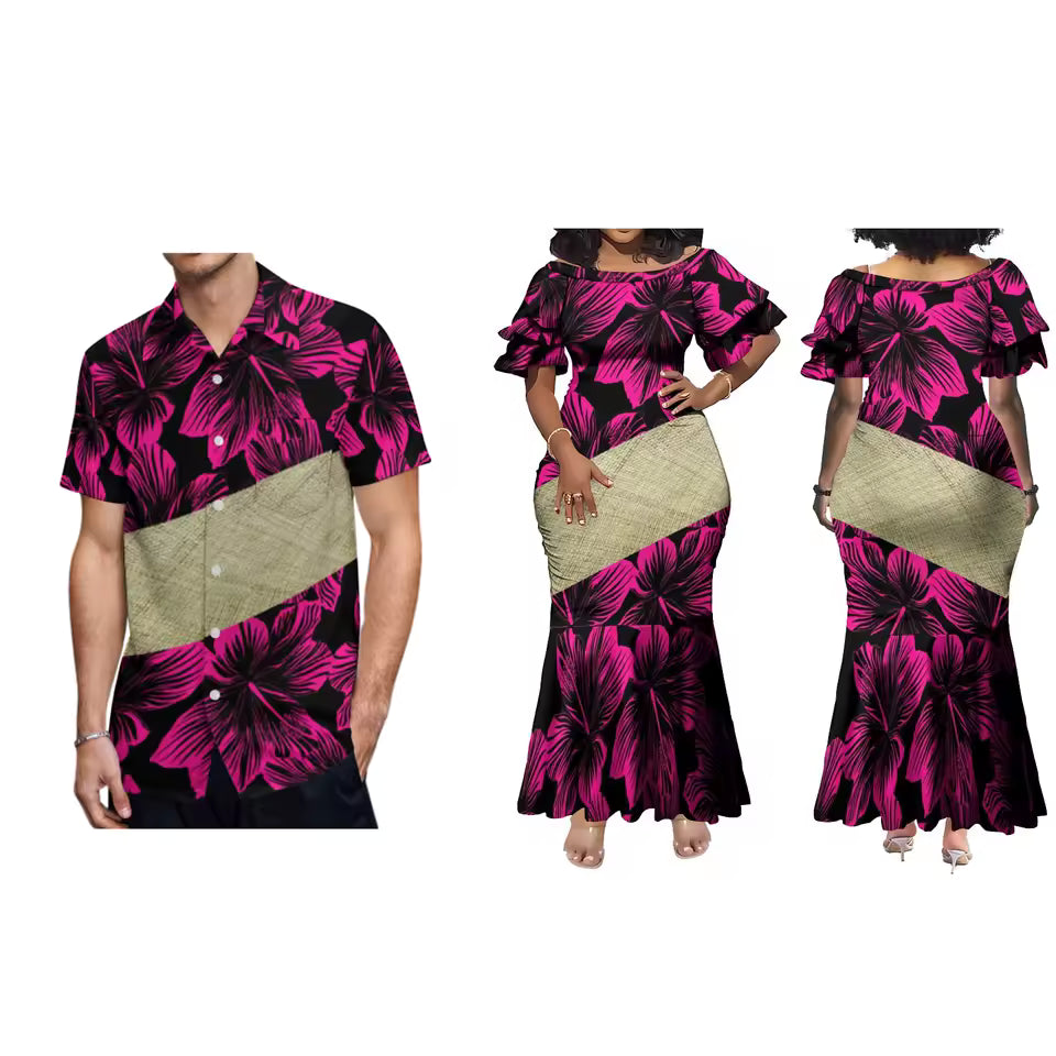Polynesian Traditional Printed Island Flowers Pink Fishtail Dress And Hawaiian Shirt Matching Outfit For Couple Set For Him Her