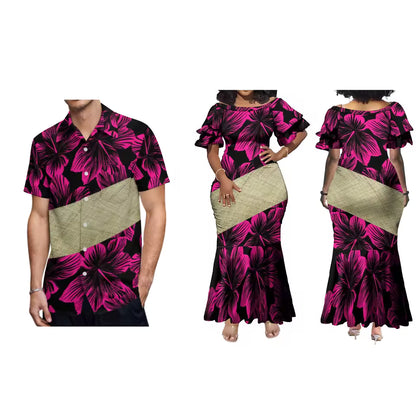 Polynesian Traditional Printed Island Flowers Pink Fishtail Dress And Hawaiian Shirt Matching Outfit For Couple Set For Him Her