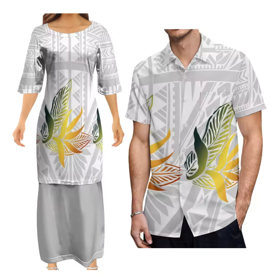 Tropical Couple Matching Outfit Polynesian Tribal Pattern Samoa Dress Puletasi Dress Two-Piece Suit With Men's Shirt