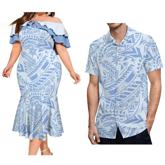 Polynesian Summer Matching Outfit For Couple Polynesian Tropical Pattern Printed Blue Ruffled Fishtail Dress And Hawaiian Shirt Matching Set